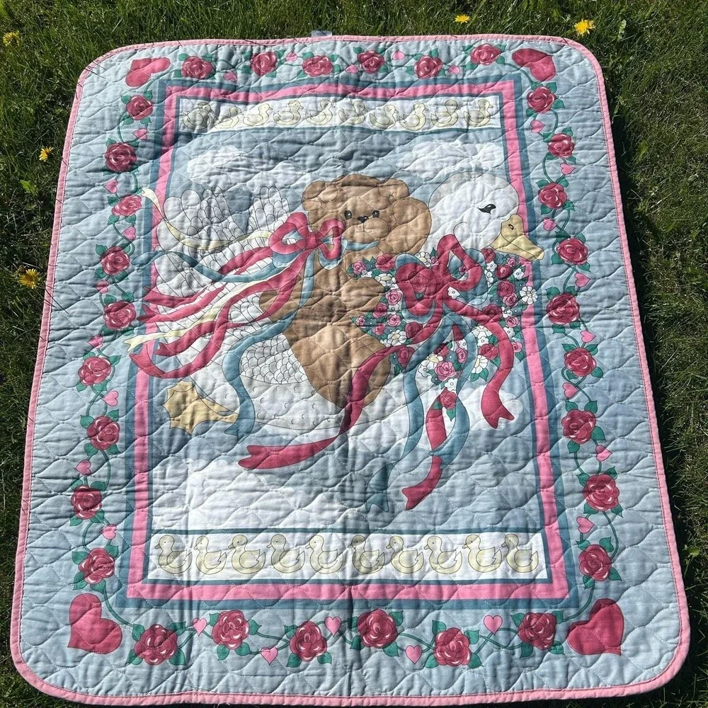 Vintage Daisy Kingdom Goose Bear Ducks Baby Blanket Quilted 35